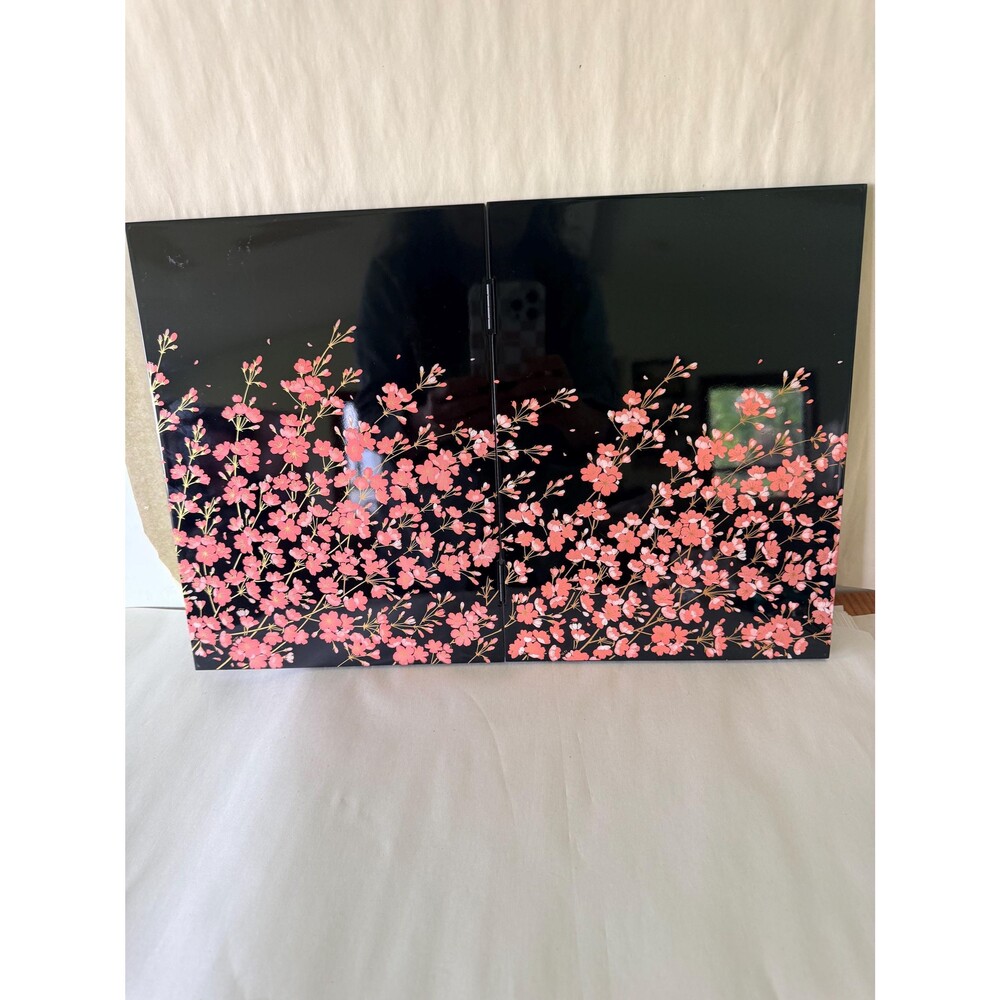 Japanese Cherry Blossom Folding Screen | Black Lacquer Sakura Decor | Asian Fold